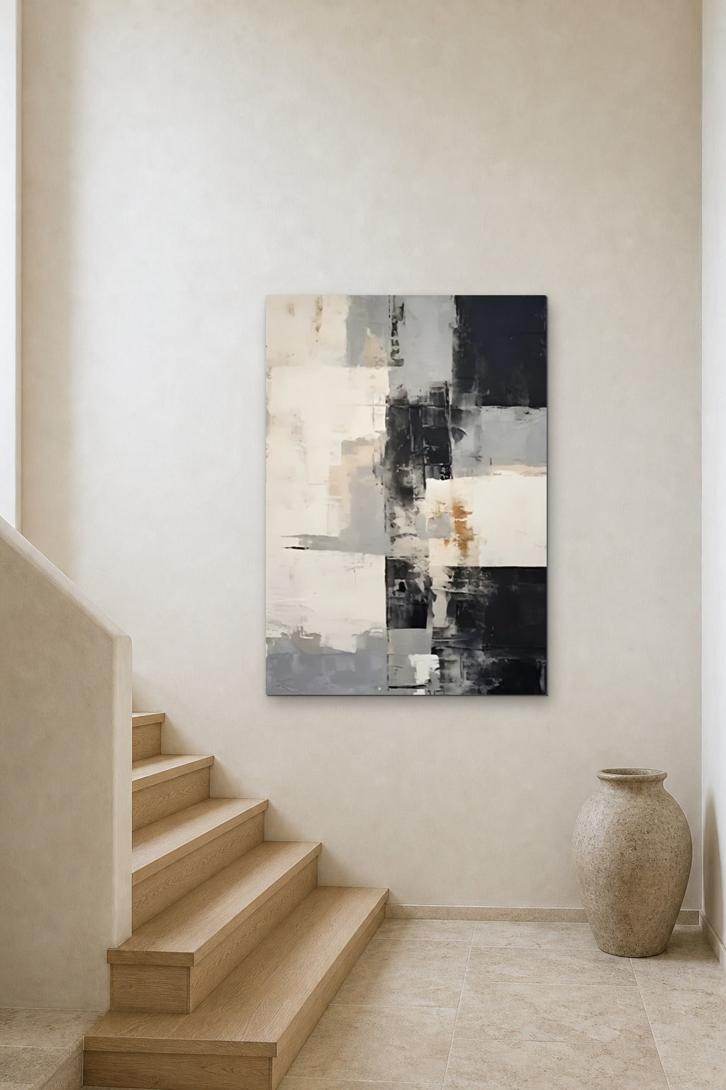 Black and Ivory shown at 90 × 120 cm above a stair landing