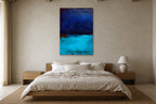 Blue Lagoon shown at 100 × 150 cm above a 180 cm oak bed