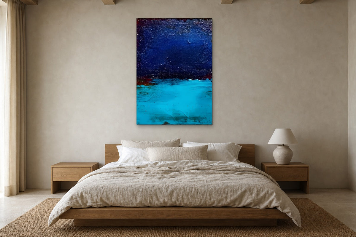 Blue Lagoon shown at 100 × 150 cm above a 180 cm oak bed
