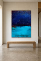 Blue Lagoon shown at 120 × 180 cm above a 180 cm oak bench