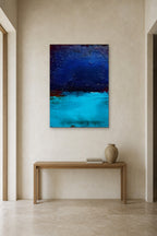 Blue Lagoon shown at 90 × 130 cm above a 140 cm oak console
