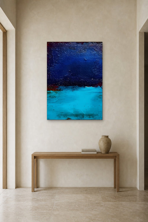 Blue Lagoon shown at 90 × 130 cm above a 140 cm oak console