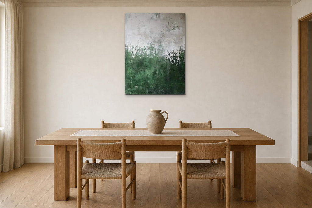 Green Meadow shown at 50 × 70 cm above a 200 cm oak dining table