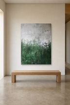 Green Meadow shown at 110 × 160 cm above a 180 cm oak bench