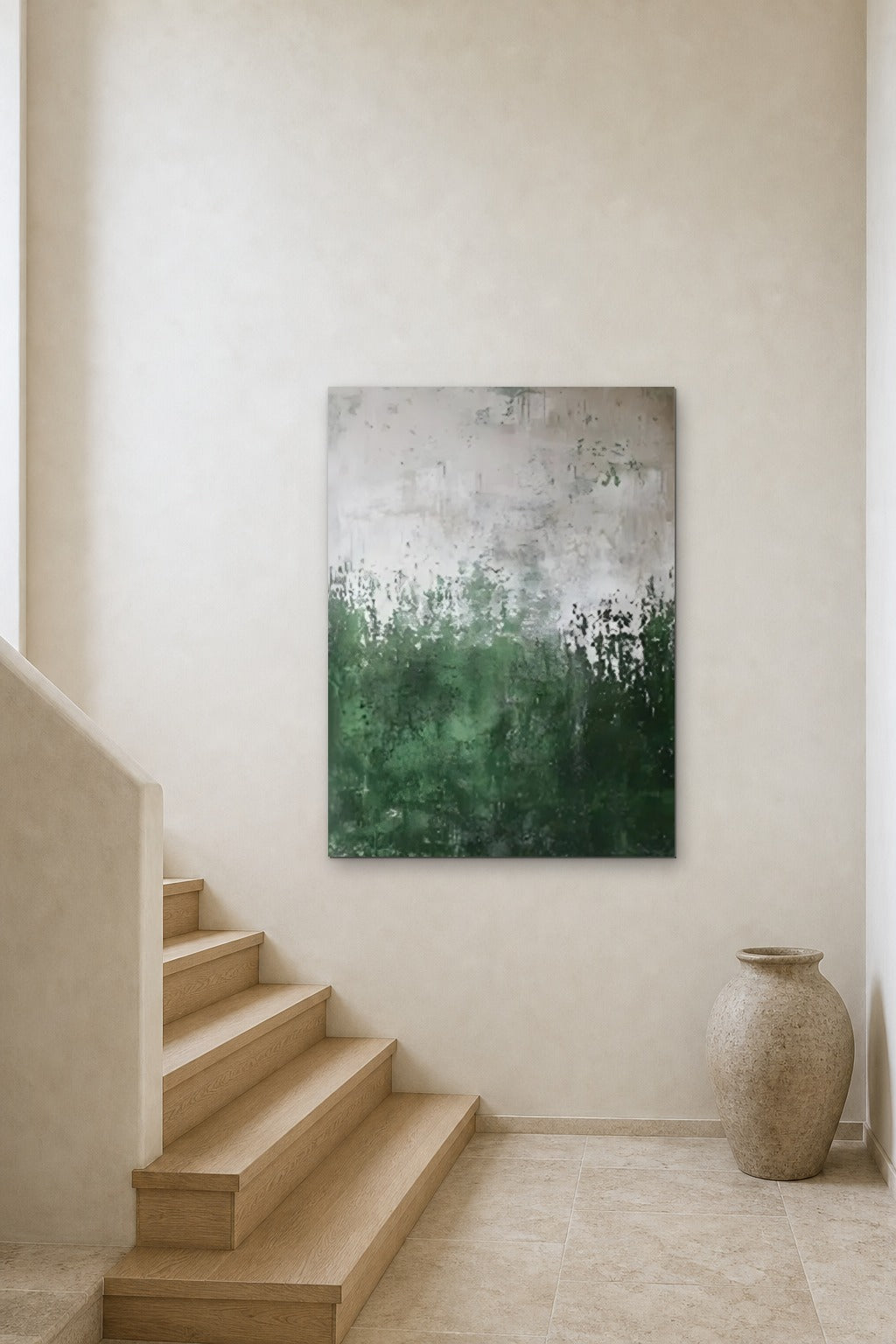 Green Meadow shown at 90 × 130 cm above a stair landing