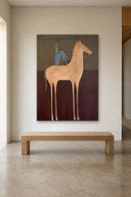 Rider in Blue shown at 120 × 180 cm above a 180 cm oak bench