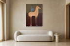 Rider in Blue shown at 90 × 130 cm above a 220 cm boucle sofa