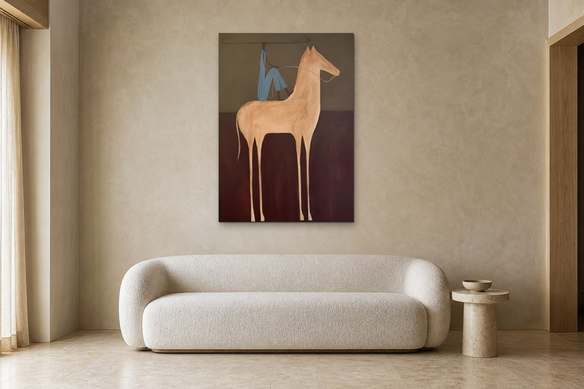 Rider in Blue shown at 90 × 130 cm above a 220 cm boucle sofa