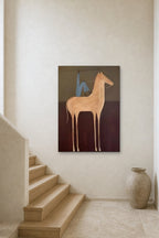 Rider in Blue shown at 90 × 130 cm above a stair landing