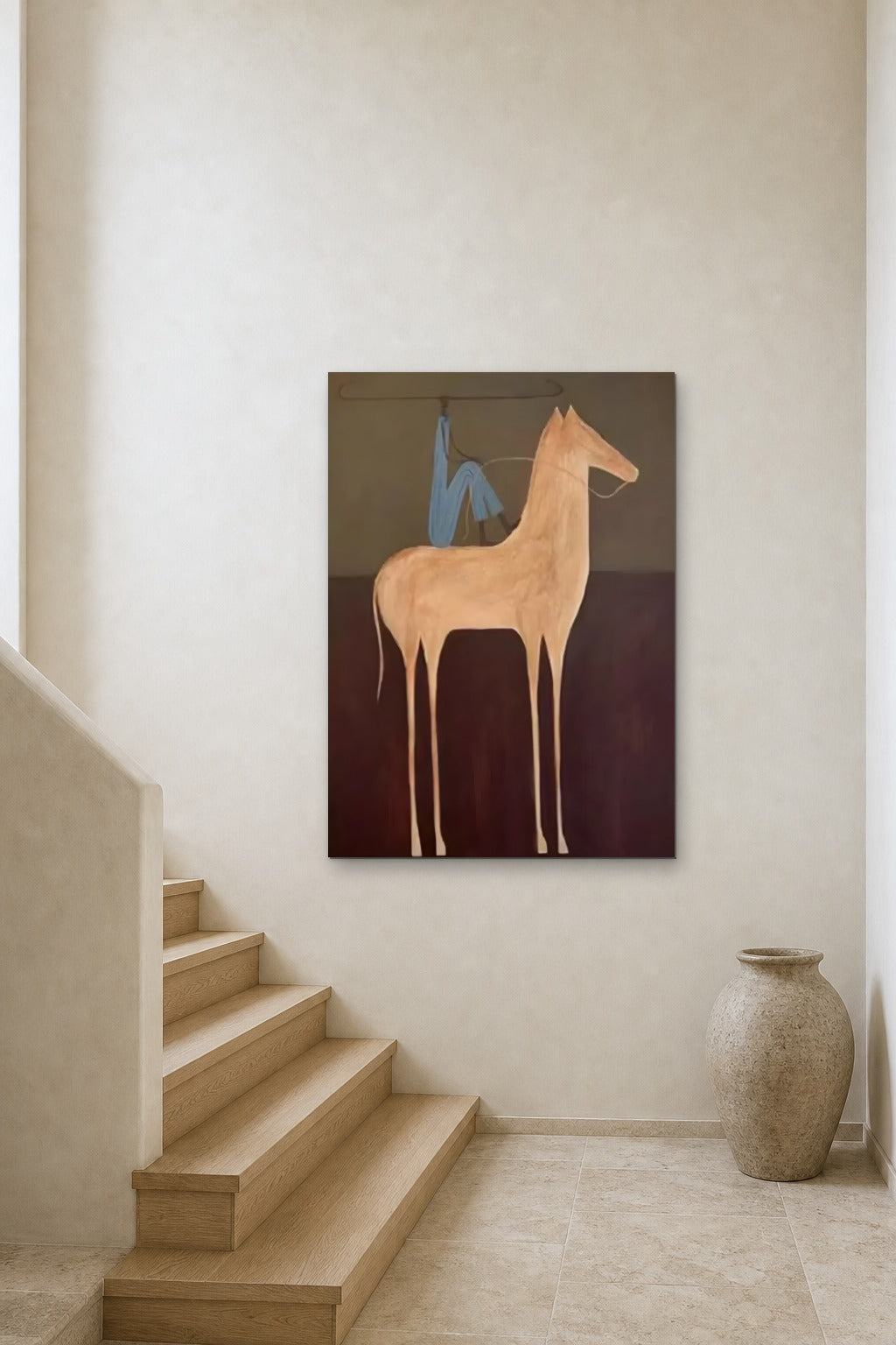 Rider in Blue shown at 90 × 130 cm above a stair landing