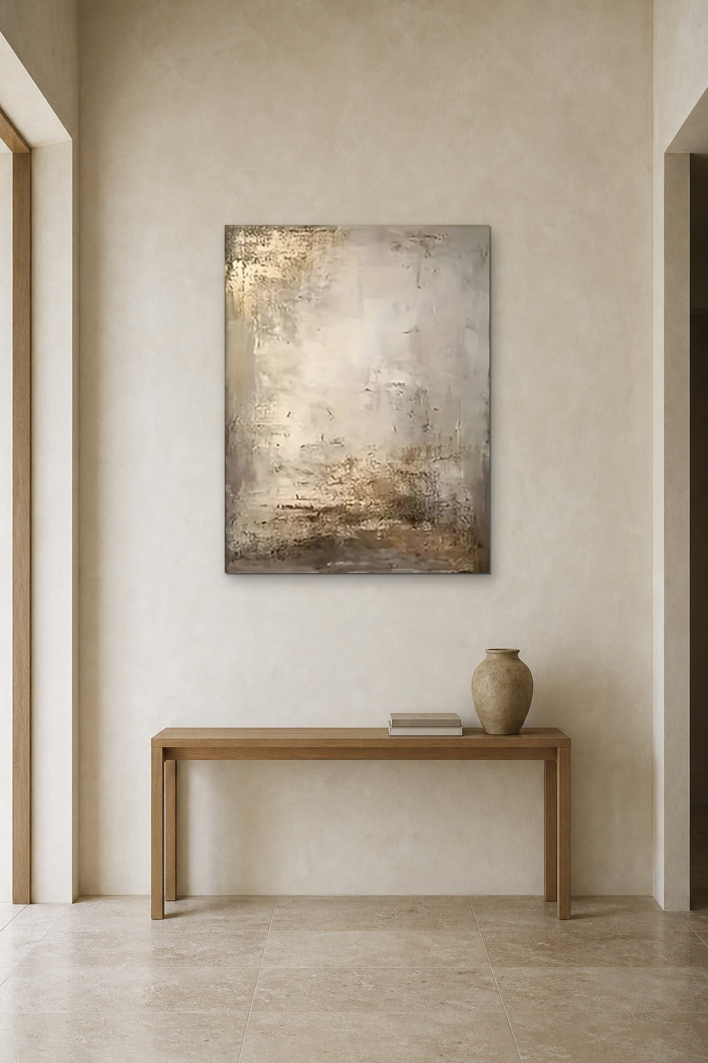 Gilded Dust shown at 90 × 130 cm above a 140 cm oak console