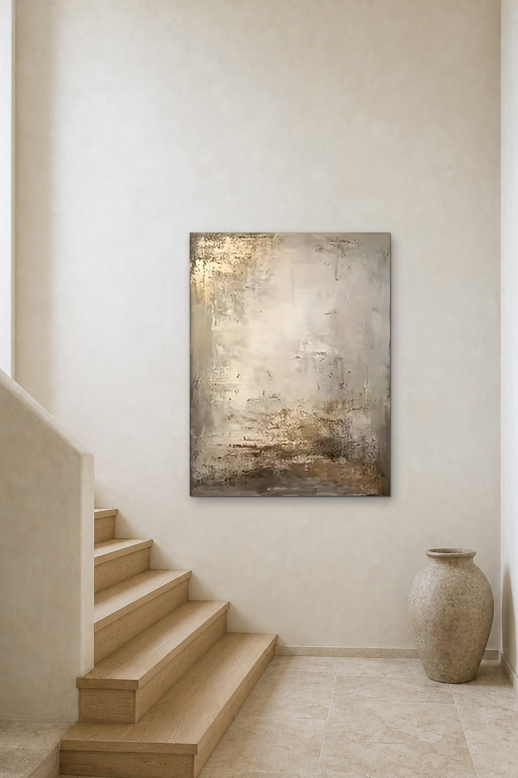 Gilded Dust shown at 90 × 130 cm above a stair landing