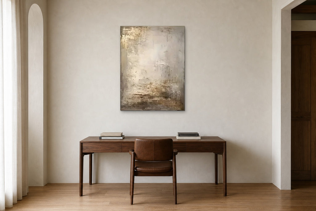 Gilded Dust shown at 70 × 100 cm above a 160 cm walnut desk