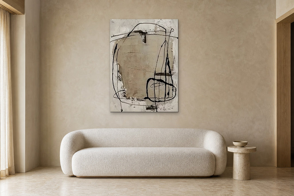 Loops shown at 90 × 130 cm above a 220 cm boucle sofa