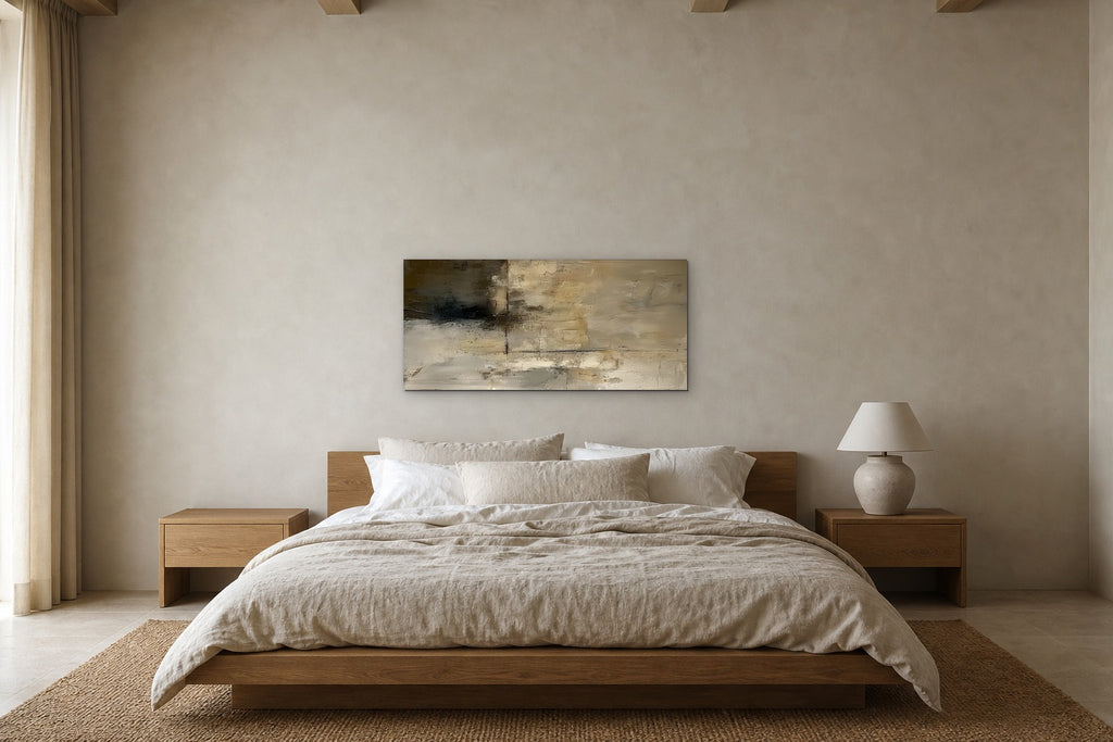 Ochre Panorama shown at 120 × 60 cm above a 180 cm oak bed