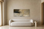 Ochre Panorama shown at 140 × 70 cm above a 220 cm boucle sofa