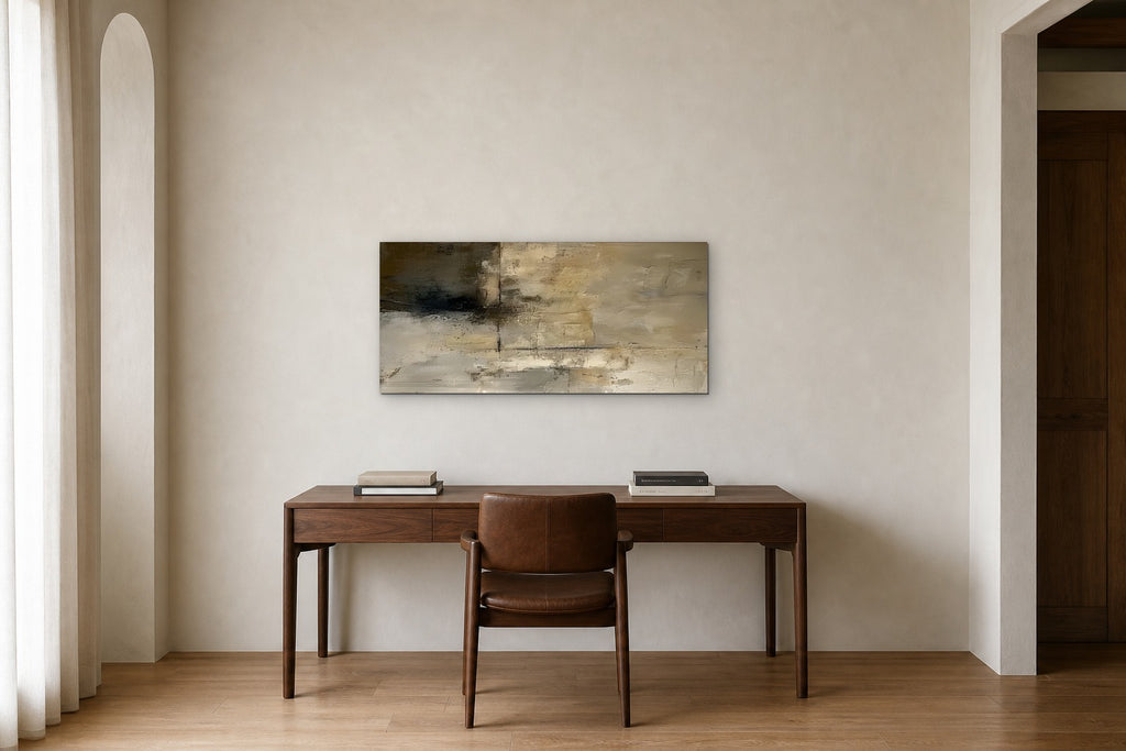 Ochre Panorama shown at 100 × 50 cm above a 160 cm walnut desk