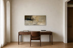 Ochre Panorama shown at 100 × 50 cm above a 160 cm walnut desk