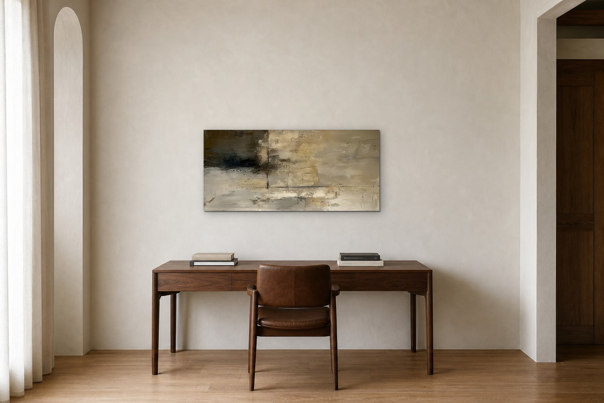 Ochre Panorama shown at 100 × 50 cm above a 160 cm walnut desk