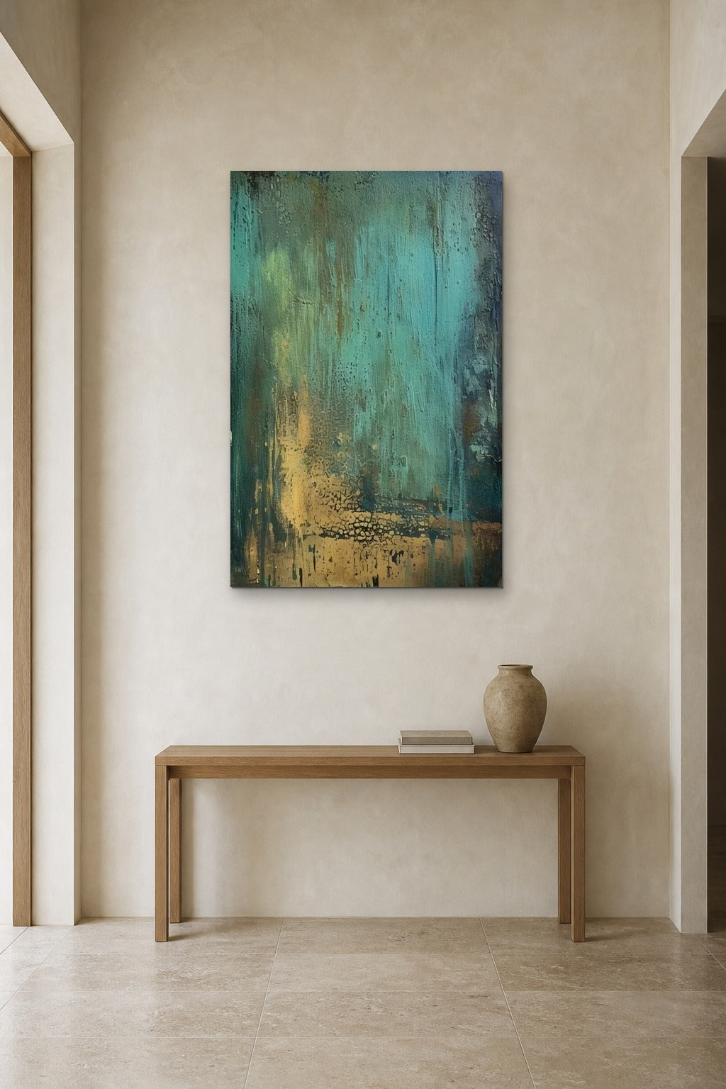 Verdigris shown at 90 × 130 cm above a 140 cm oak console