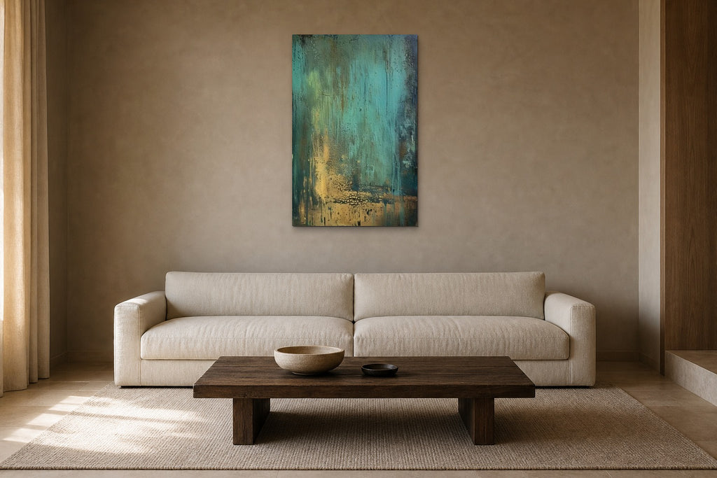 Verdigris shown at 60 × 90 cm above a 230 cm linen sofa