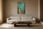 Verdigris shown at 60 × 90 cm above a 230 cm linen sofa