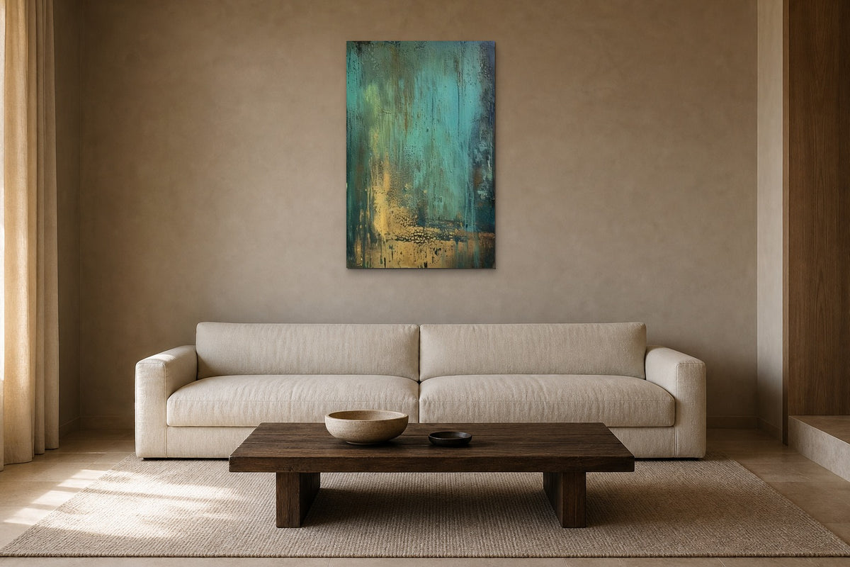 Verdigris shown at 60 × 90 cm above a 230 cm linen sofa