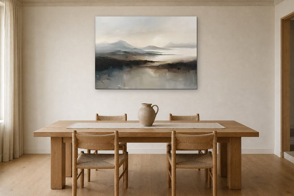 Mountain Lake shown at 90 × 60 cm above a 200 cm oak dining table