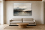 Mountain Lake shown at 160 × 110 cm above a 240 cm linen sofa