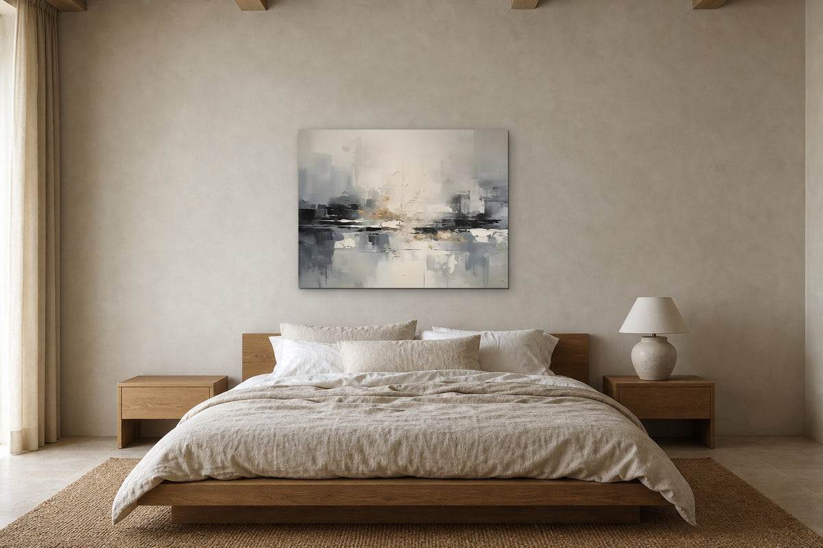 Grey Harbour shown at 120 × 90 cm above a 180 cm oak bed