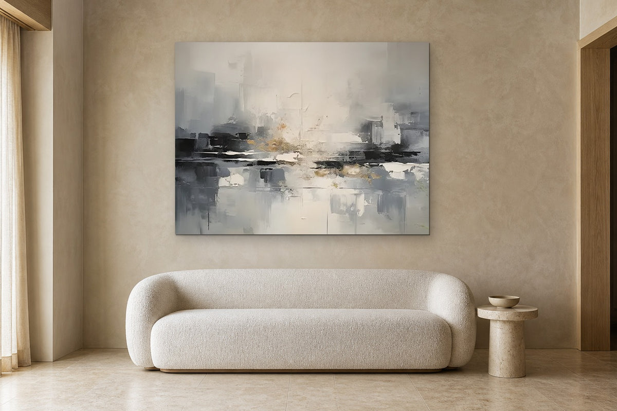 Grey Harbour shown at 160 × 110 cm above a 220 cm boucle sofa