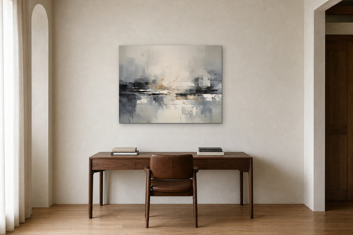 Grey Harbour shown at 100 × 70 cm above a 160 cm walnut desk