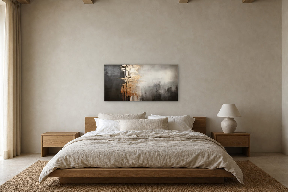 Copper Rain shown at 120 × 60 cm above a 180 cm oak bed