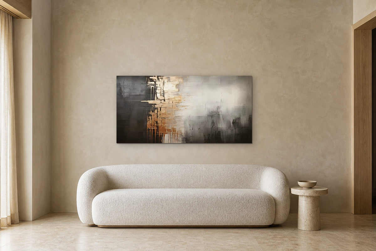 Copper Rain shown at 140 × 70 cm above a 220 cm boucle sofa