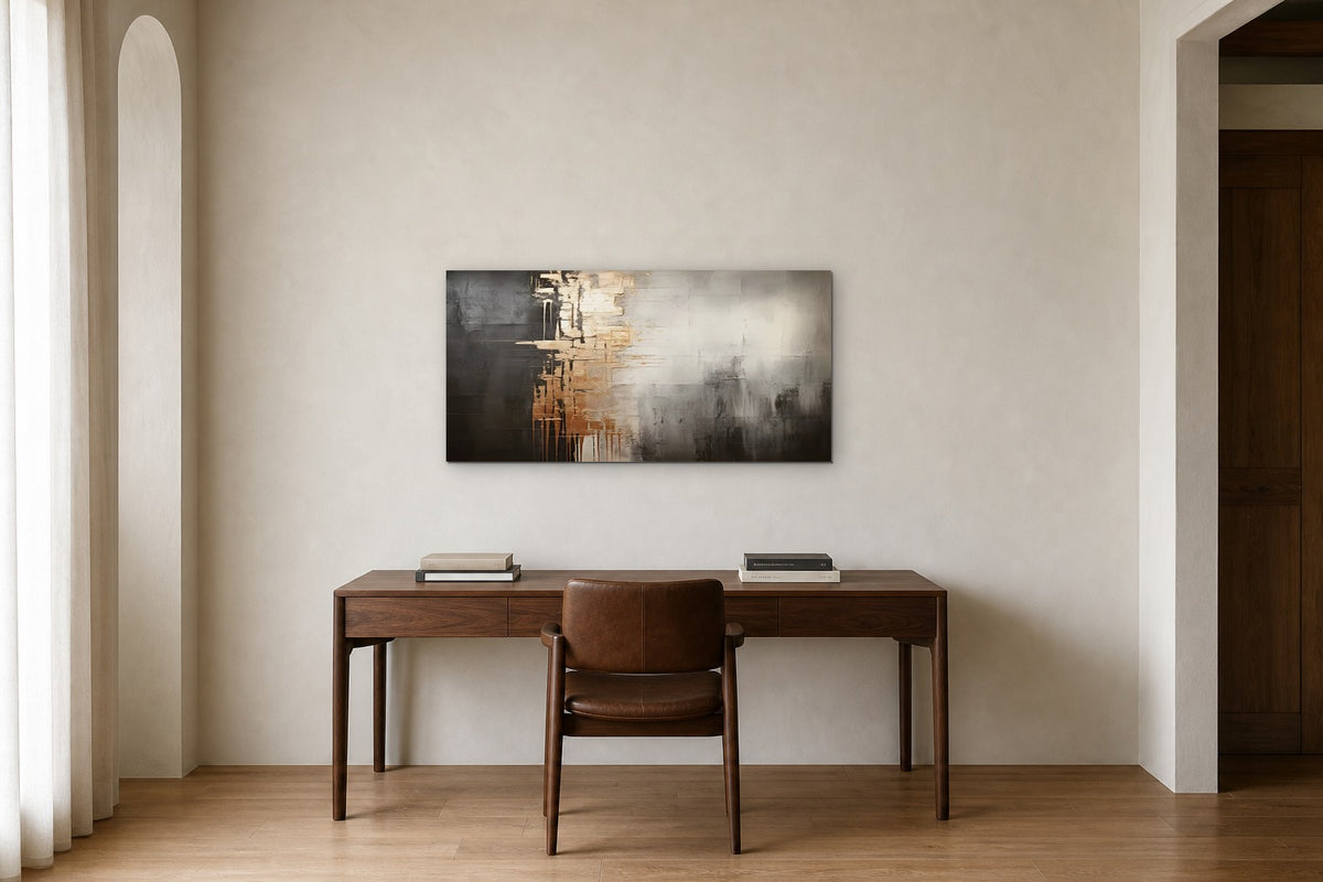 Copper Rain shown at 100 × 50 cm above a 160 cm walnut desk