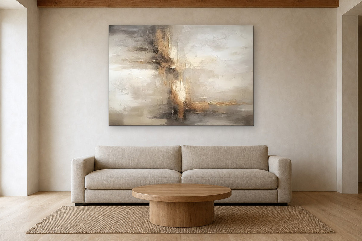 Amber Glow shown at 160 × 110 cm above a 240 cm linen sofa