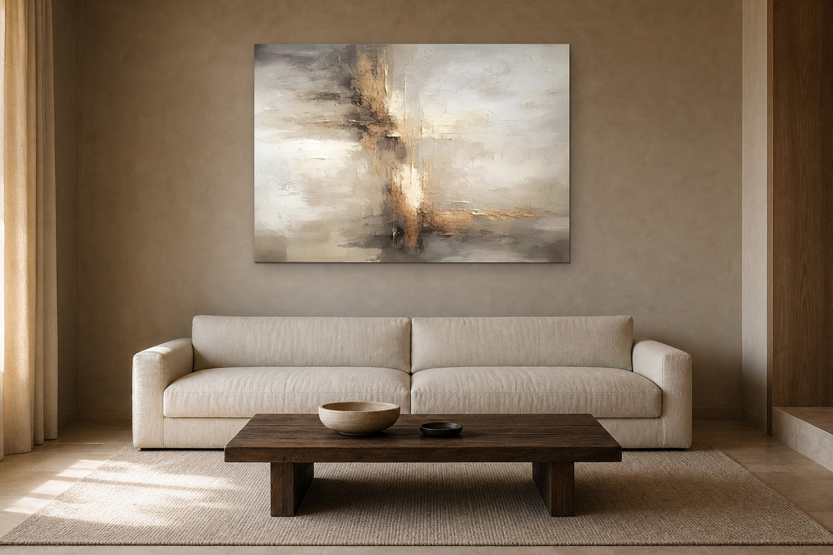 Amber Glow shown at 130 × 90 cm above a 230 cm linen sofa