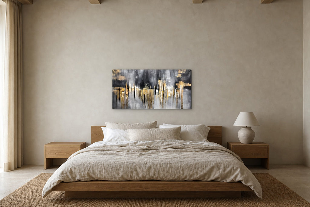 Gold Skyline shown at 120 × 60 cm above a 180 cm oak bed