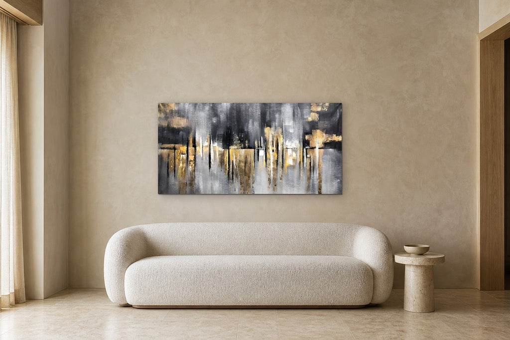 Gold Skyline shown at 140 × 70 cm above a 220 cm boucle sofa