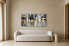 Gold Skyline shown at 140 × 70 cm above a 220 cm boucle sofa