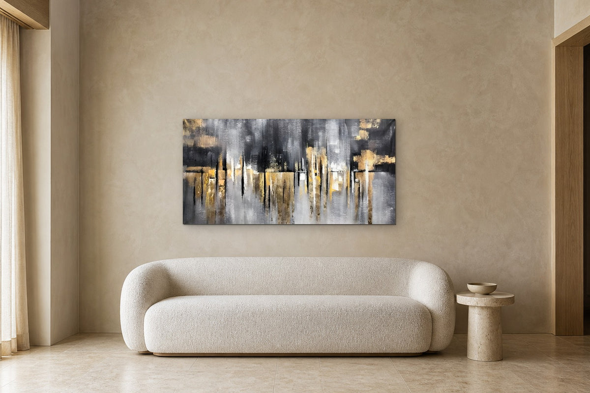 Gold Skyline shown at 140 × 70 cm above a 220 cm boucle sofa