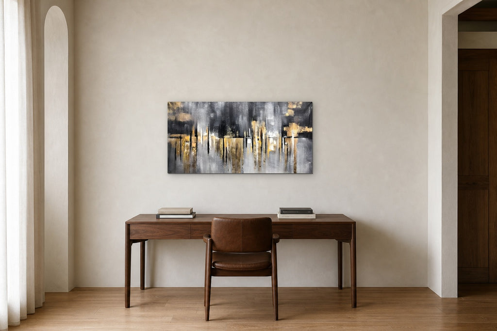 Gold Skyline shown at 100 × 50 cm above a 160 cm walnut desk