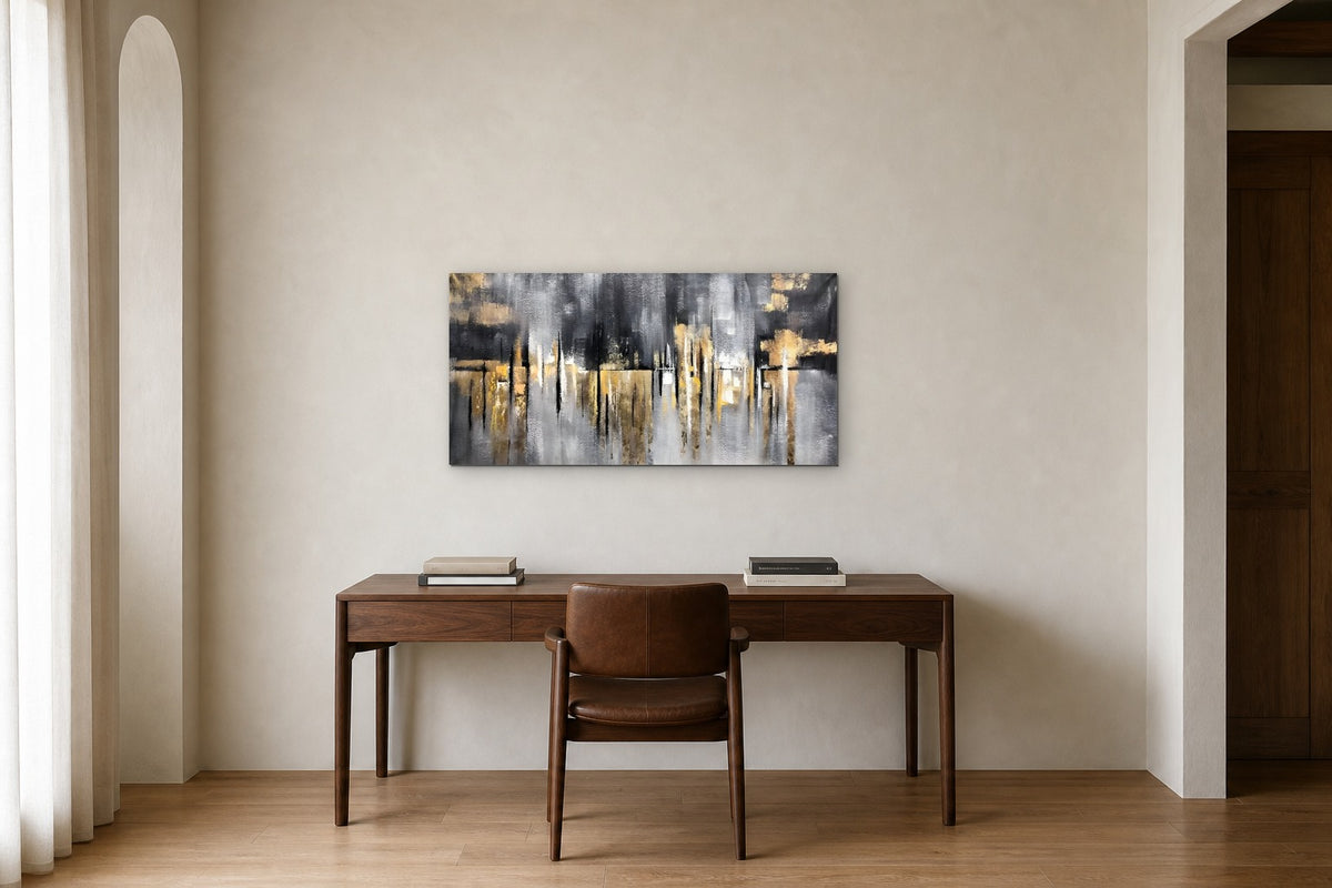 Gold Skyline shown at 100 × 50 cm above a 160 cm walnut desk