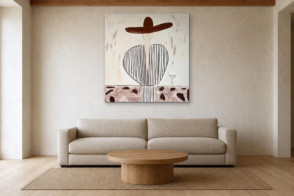 Striped Coat and Martini shown at 115 × 115 cm above a 240 cm linen sofa