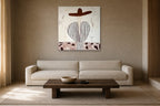 Striped Coat and Martini shown at 90 × 90 cm above a 230 cm linen sofa