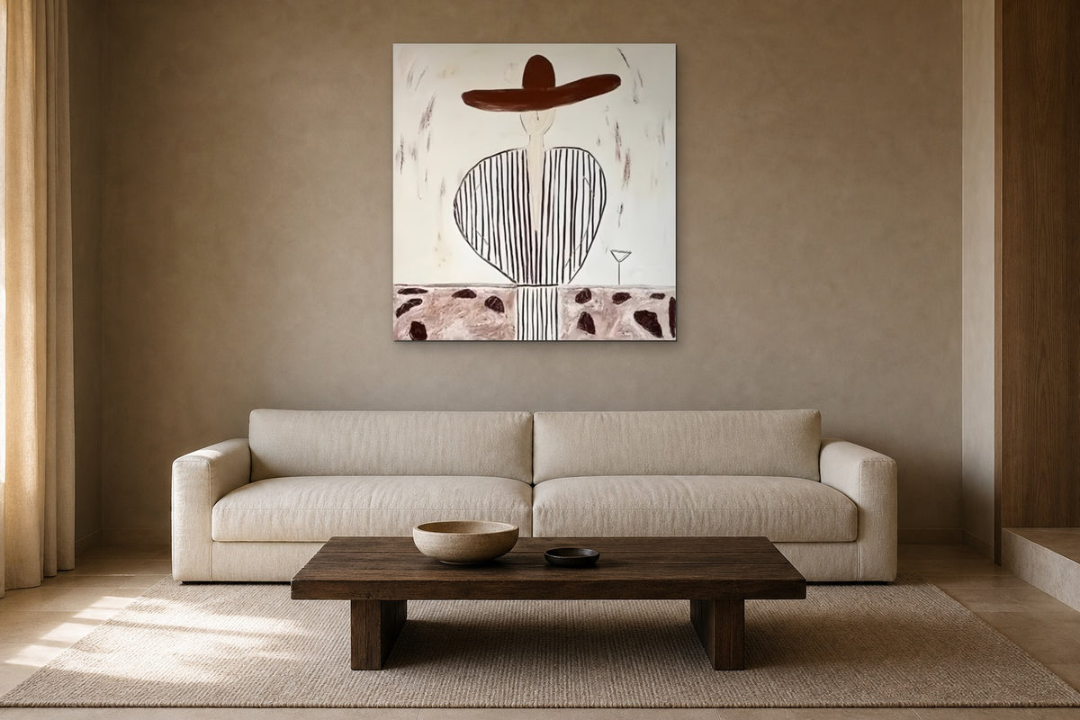 Striped Coat and Martini shown at 90 × 90 cm above a 230 cm linen sofa