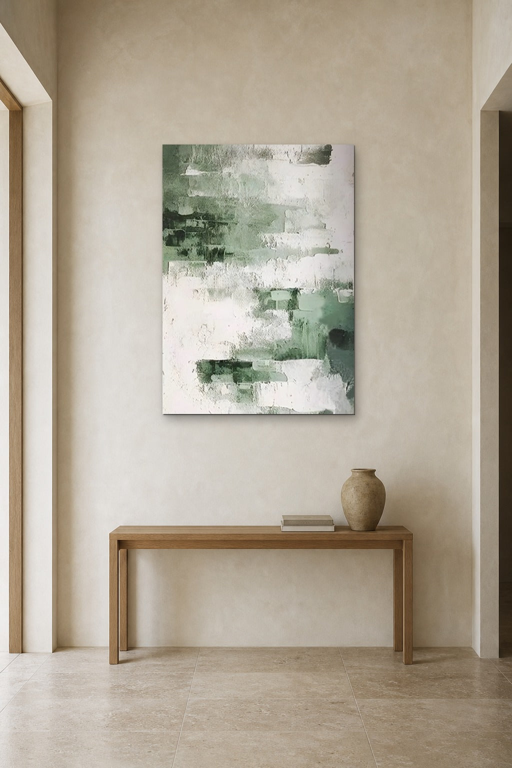 Sage Brushstrokes shown at 90 × 130 cm above a 140 cm oak console