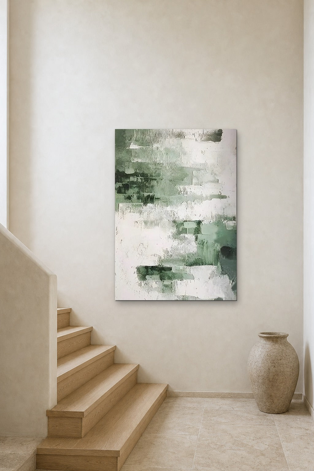 Sage Brushstrokes shown at 90 × 130 cm above a stair landing