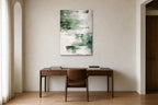 Sage Brushstrokes shown at 70 × 100 cm above a 160 cm walnut desk