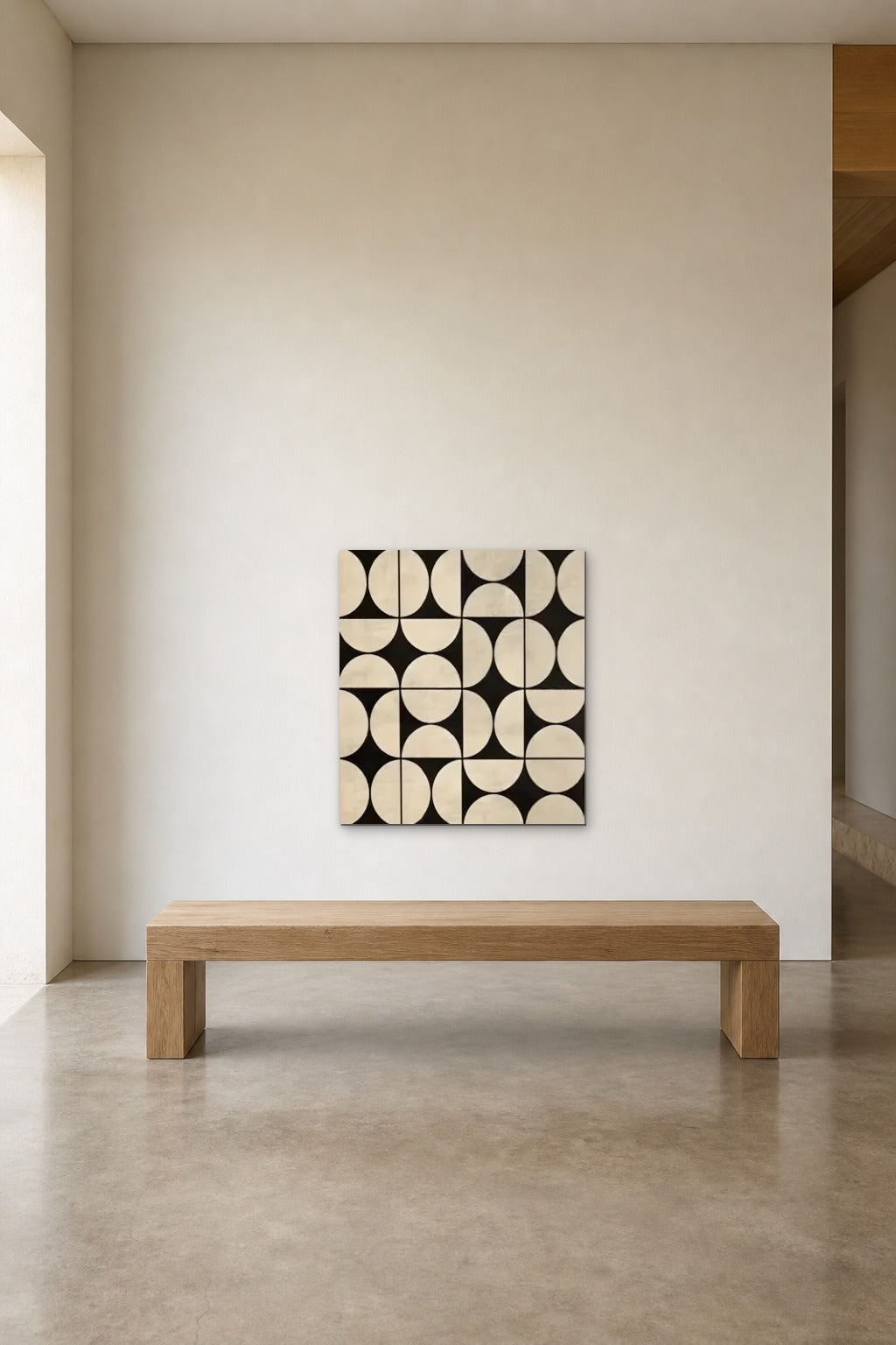 Half Moons shown about 70 cm wide above a 180 cm oak bench